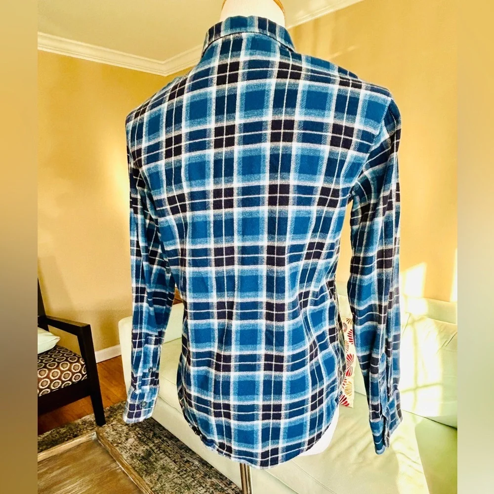 Old Navy Girls Size XL 14/16 Blue Plaid Flannel Shirt Stretch Cotton